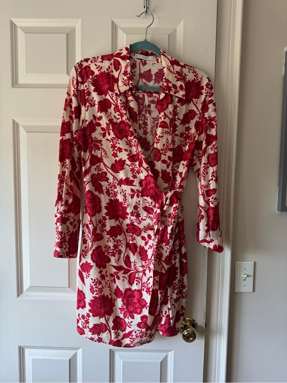 Mango Cream Wrap Dress with Red Floral Print
